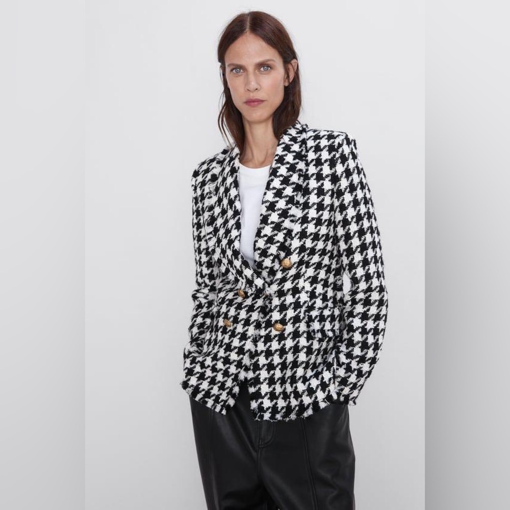 Zara Houndstooth Blazer Gold Button Limited Edition Jacket Inspired Designer - Picture 1 of 8